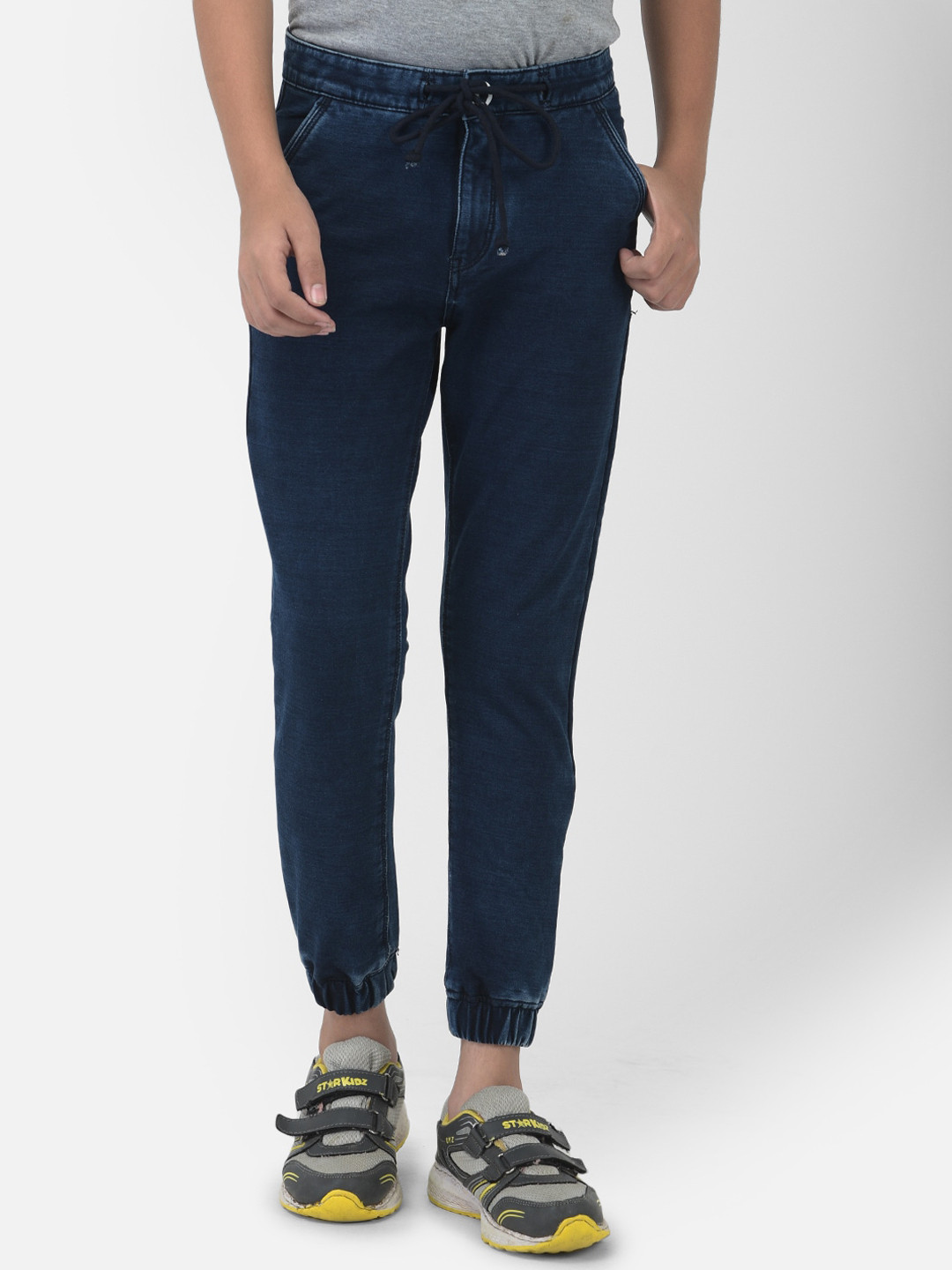 Crimsoune Club Boys Navy Blue Solid Denim Slim-Fit Joggers