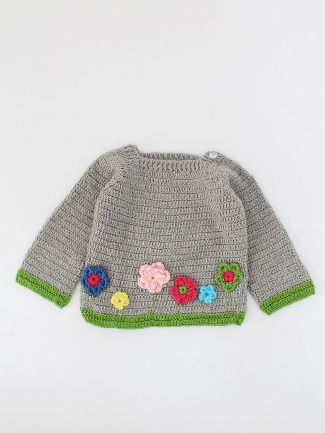 Woonie Unisex Kids Grey & Green Floral Pullover with Embroidered Detail