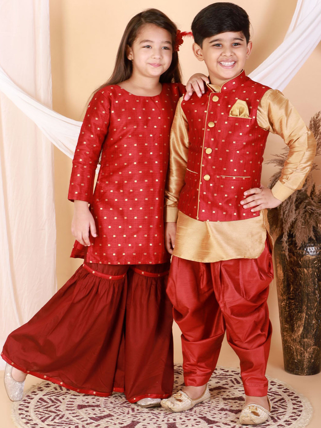 VASTRAMAY Boys Rose Gold Ethnic Motifs Kurta with Dhoti Pants & Nehru Jacket