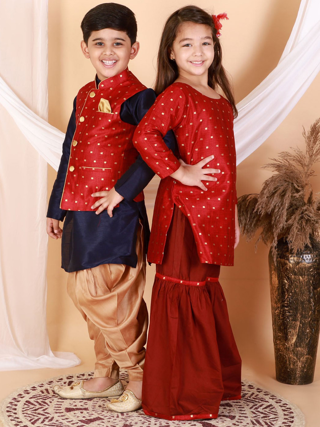 VASTRAMAY Boys Navy Blue and Rose Gold Kurta with Nehru Jacket