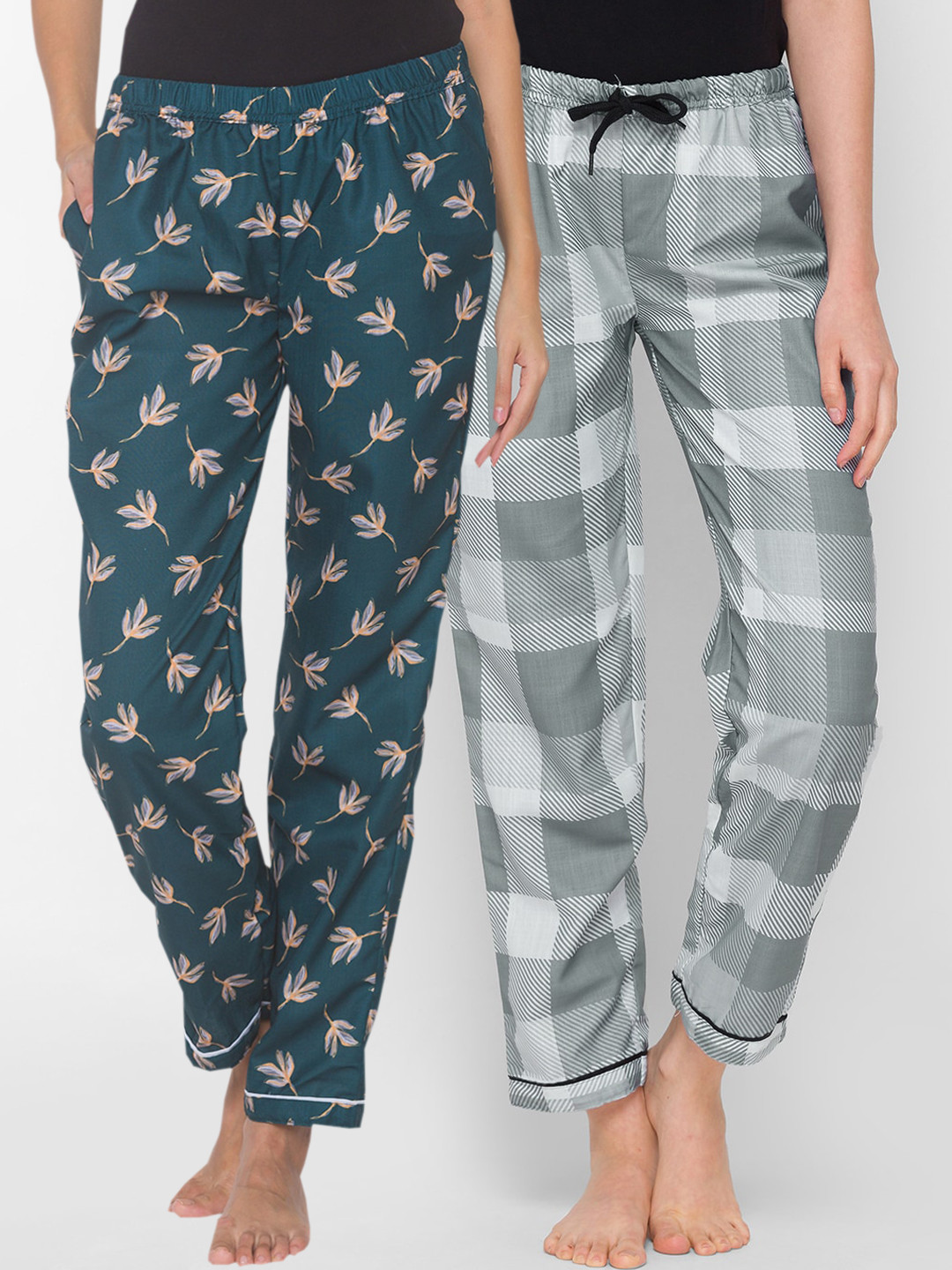 FashionRack Women Pack of 2 Teal Green & Grey Printed Lounge Pants