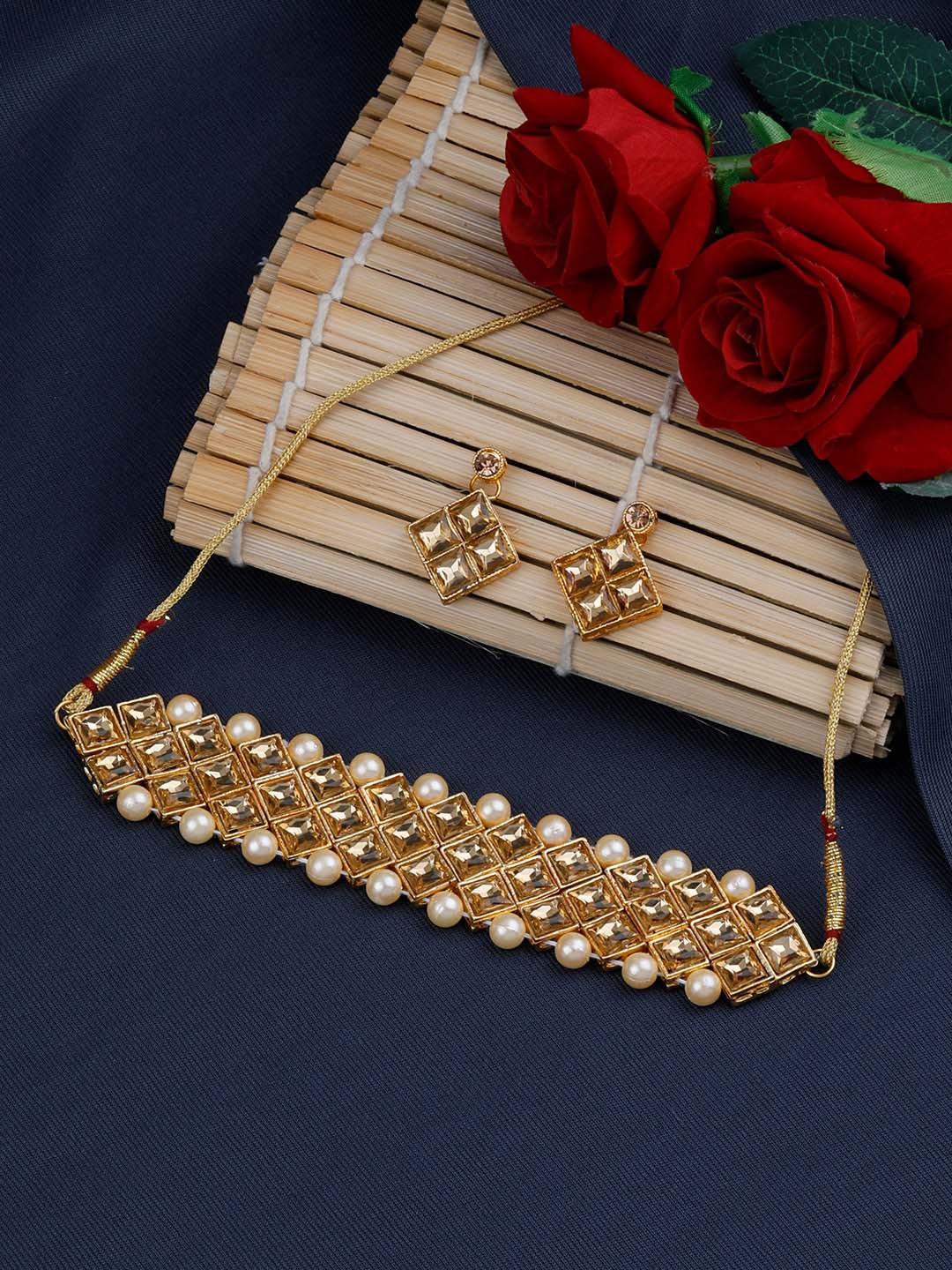 Silver Shine Gold-Toned & Cream-Colored Stone-Studded & Pearls-Beaded Jewellery Set