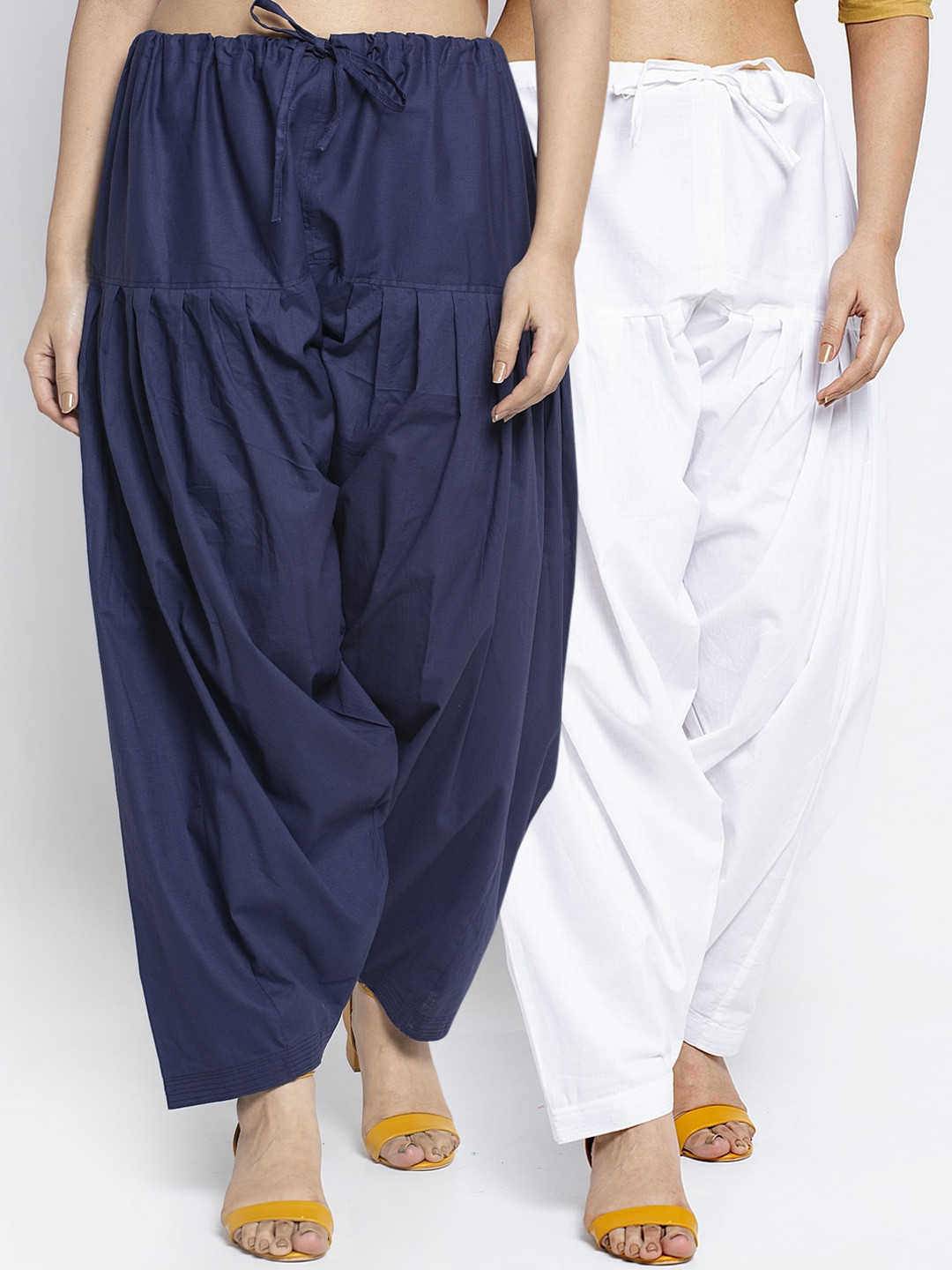 Jinfo Women Pack Of 2 White & Navy Blue Solid Loose Fit Cotton Salwar