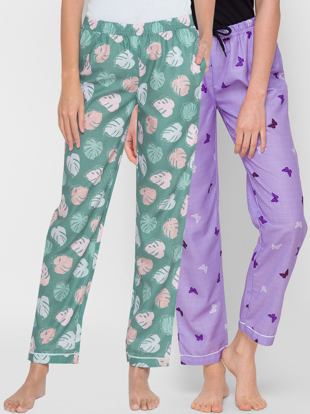 FashionRack Women Pack Of 2 Green & Purple Beatle Leaf Butterfly-Printed Lounge Pants