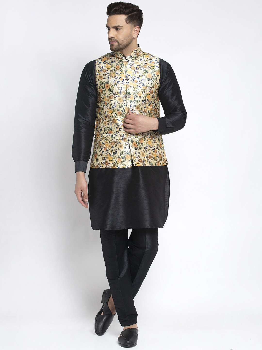 Kaifoo Men Black Floral Kurti with Churidar And Printed Nehru Jacket