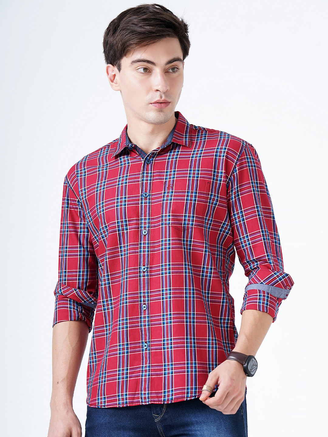 SORATIA Men Maroon Slim Fit Tartan Checks Checked Casual Shirt