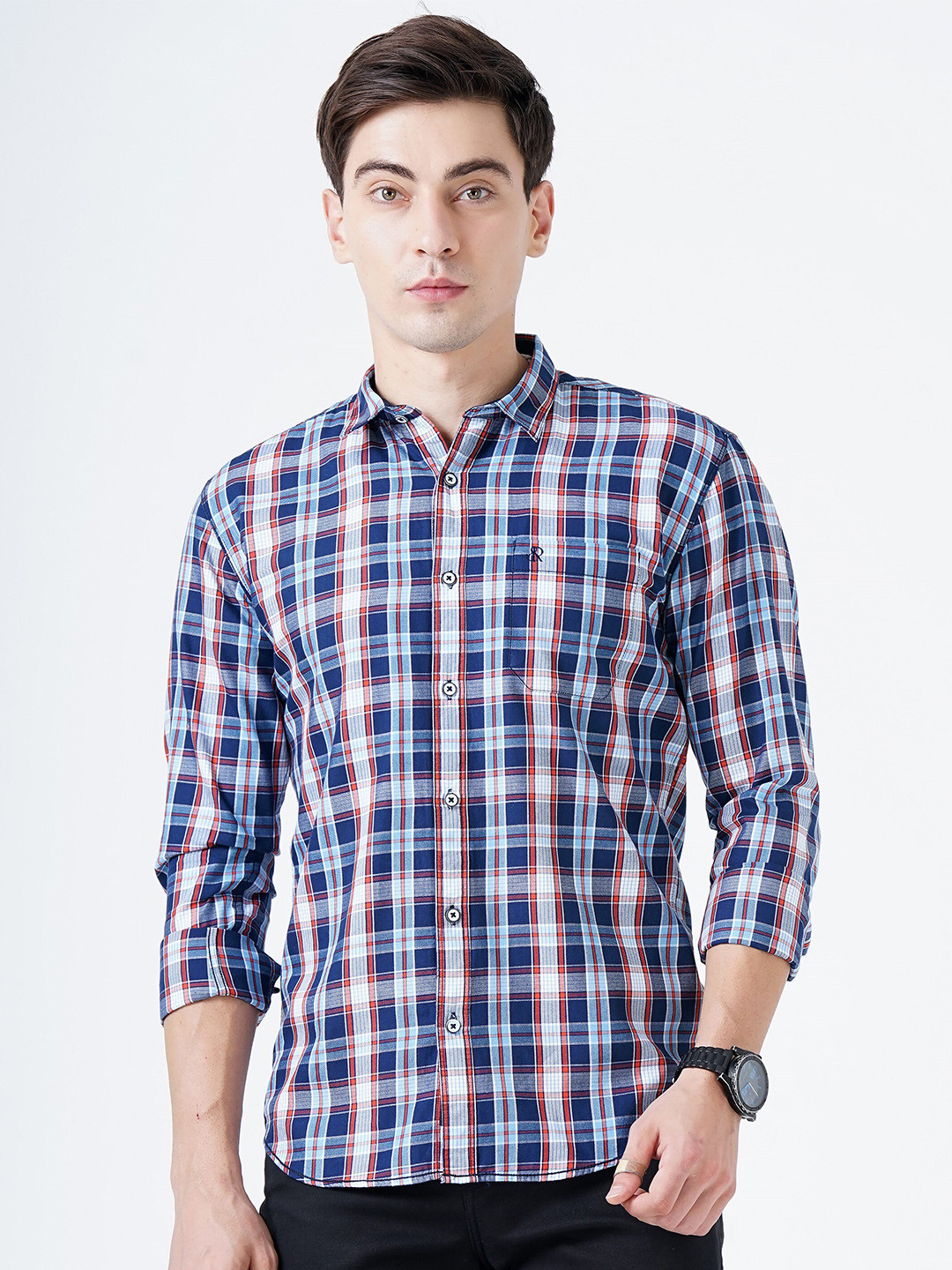 SORATIA Men Navy Blue Slim Fit Tartan Checks Checked Casual Shirt