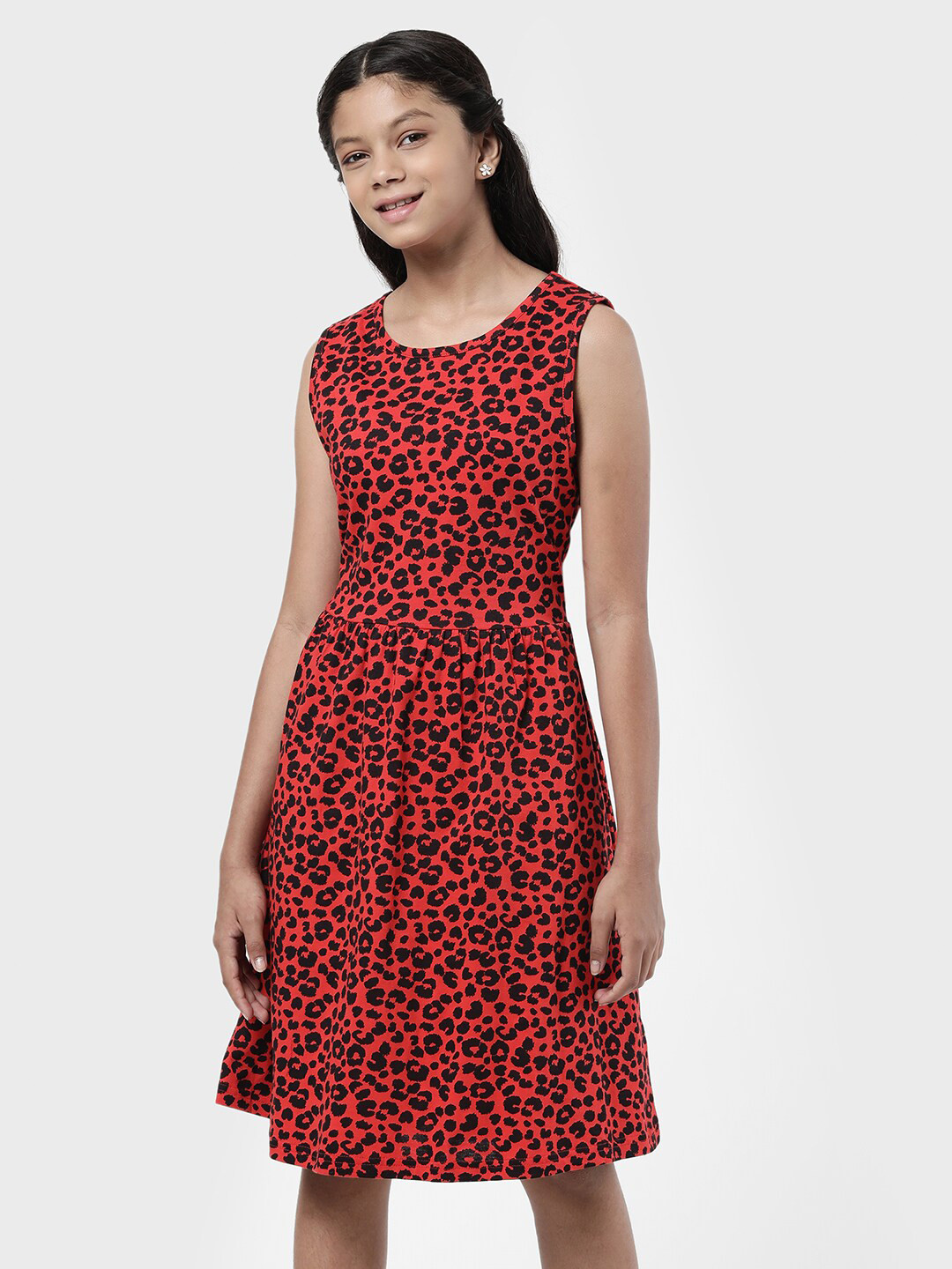 R&B Girls Red & Black Animal Printed Cotton Fit & Flare Dress