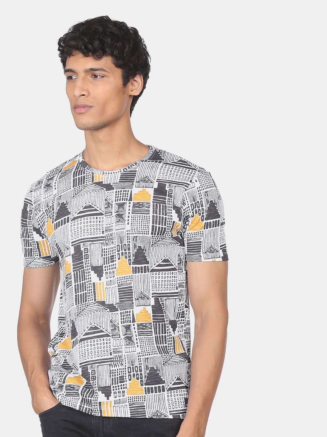 Flying Machine Men White Printed Applique T-shirt