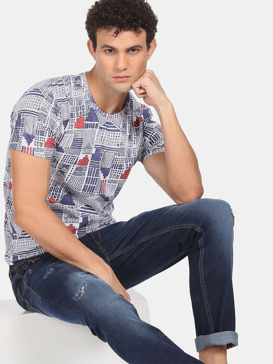 Flying Machine Men White Printed V-Neck Applique T-shirt