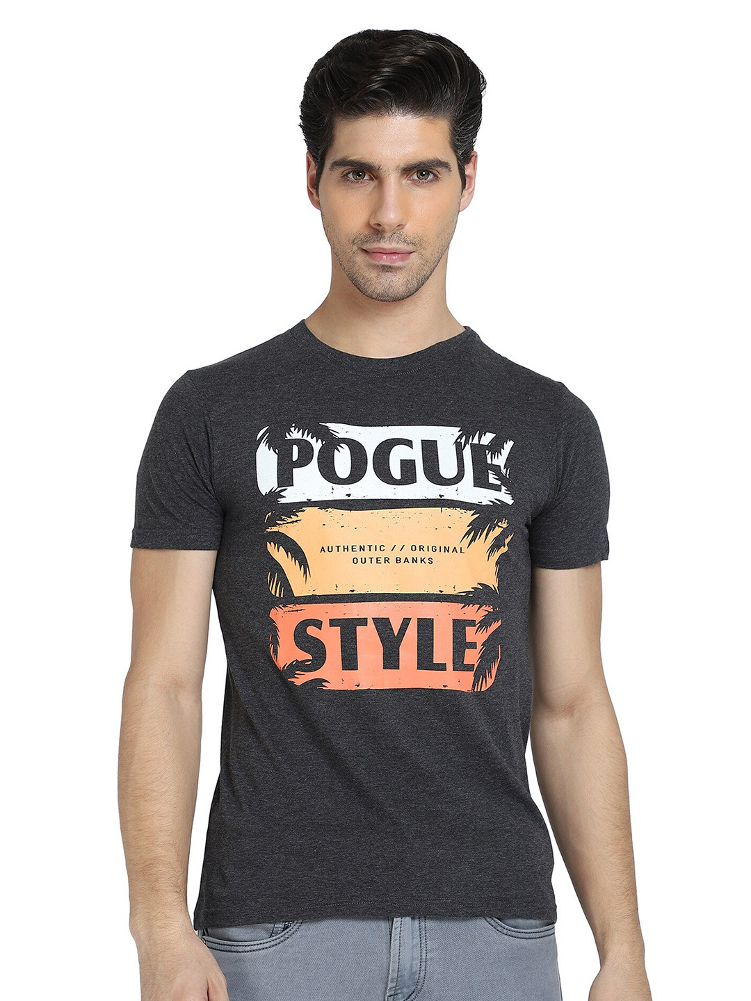 DYCA Men Charcoal Printed T-shirt