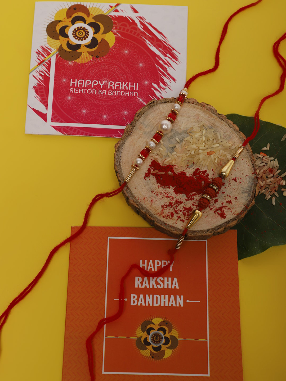 YouBella Men Set Of 4 Red & Gold-Coloured Beaded Rakhi With Greeting Card