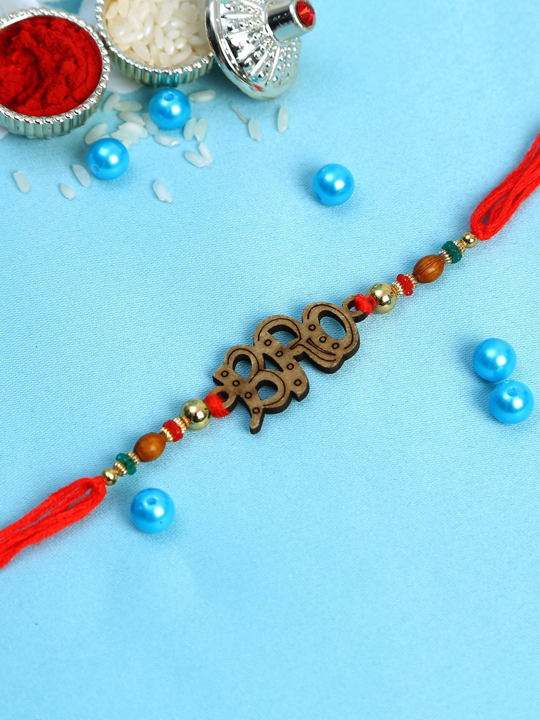 Aapno Rajasthan Adults Brown & Red Laser Cut BRO Rakhi with Golden Beads