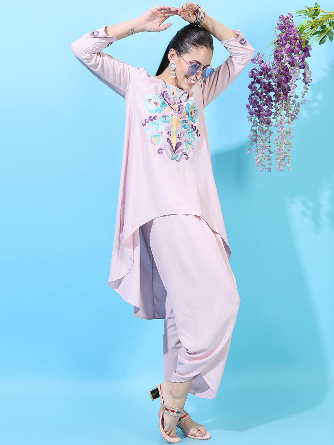 Vishudh Women Pink Ethnic Motifs Embroidered High-Low Kurta with Dhoti Pants