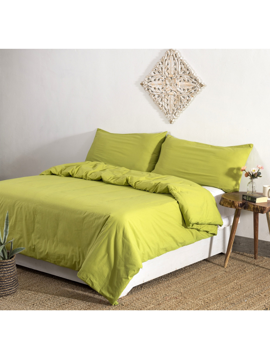 HANDICRAFT PALACE Lime Green Solid Cotton Double Size Duvet Cover With 2 Pillow Covers