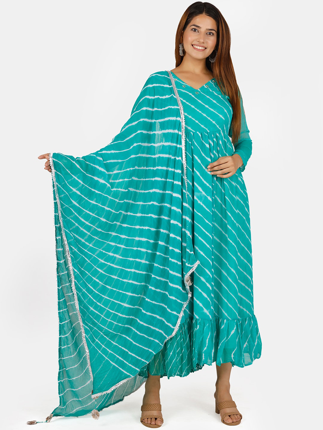 Thread & Button Women Blue Striped Pleated Kurta with Trousers & With Dupatta