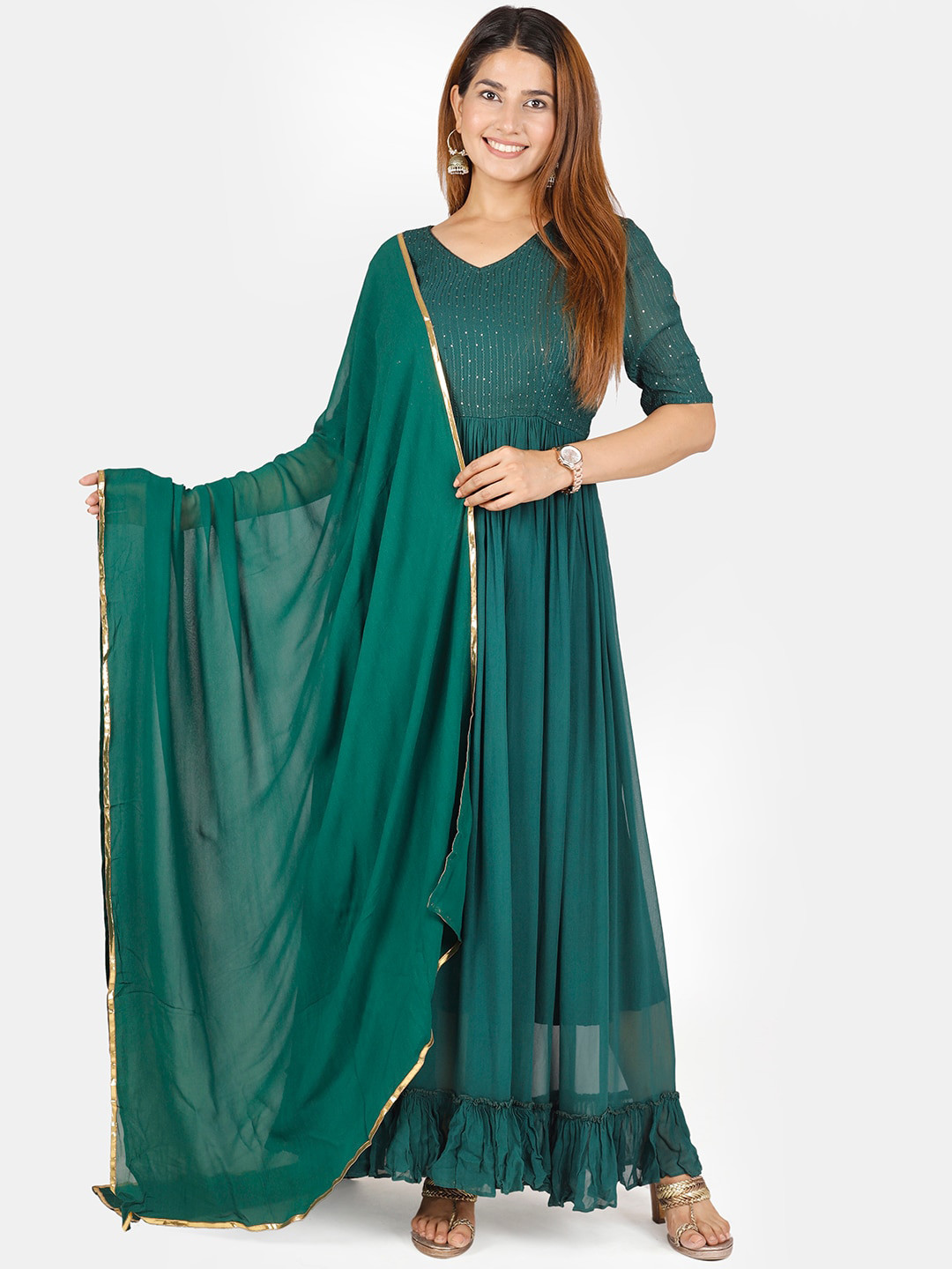 Thread & Button Women Green High Slit Kurta with Skirt & With Dupatta
