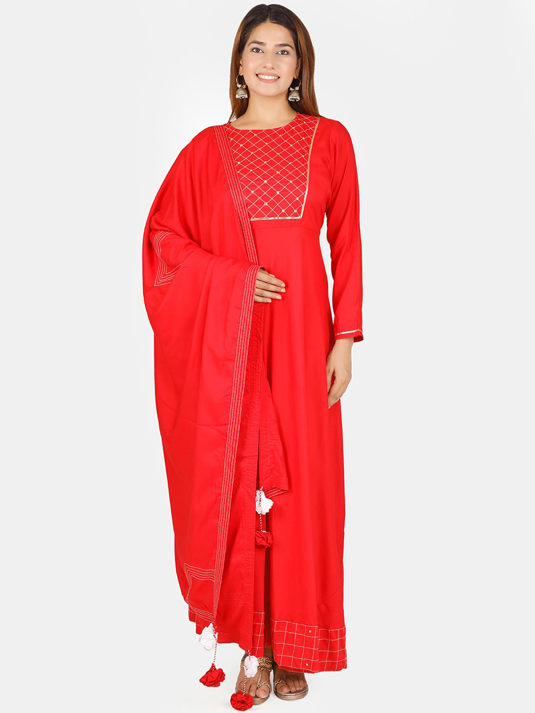 Thread & Button Women Red Ethnic Motifs Embroidered Kurta with Palazzos & With Dupatta