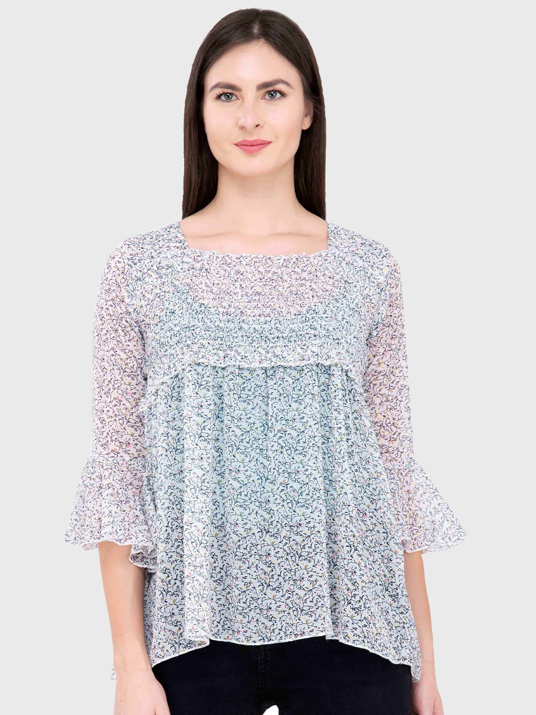 Popwings White Floral Print Chiffon Top