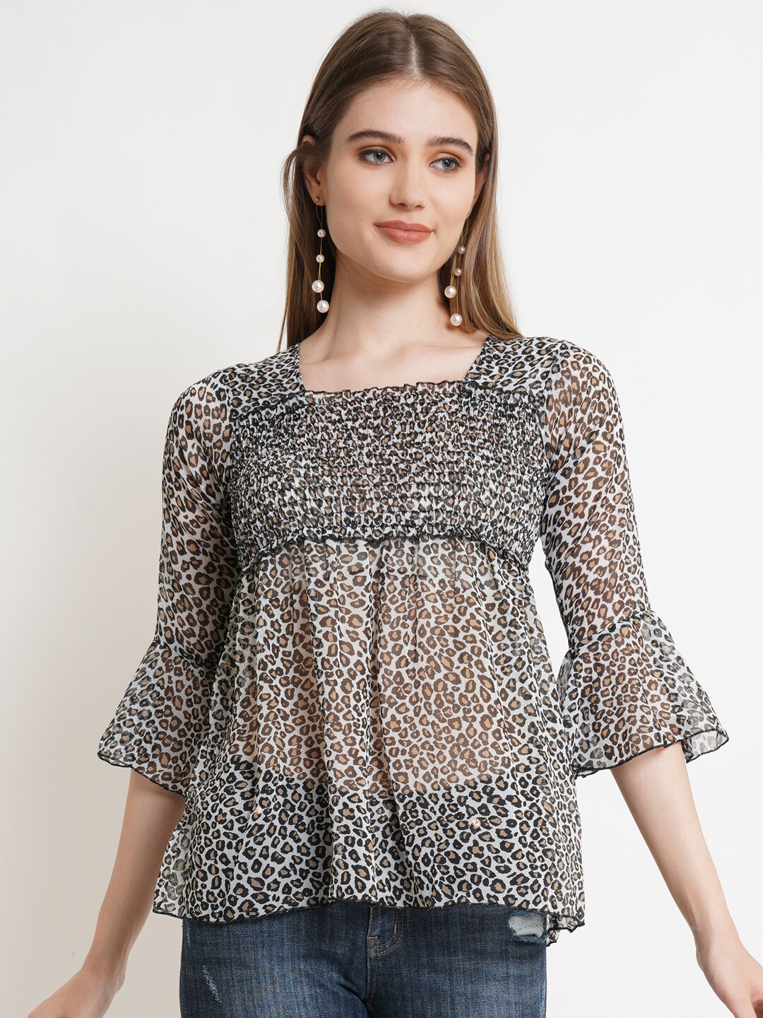 Popwings Brown Animal Print Chiffon Empire Top