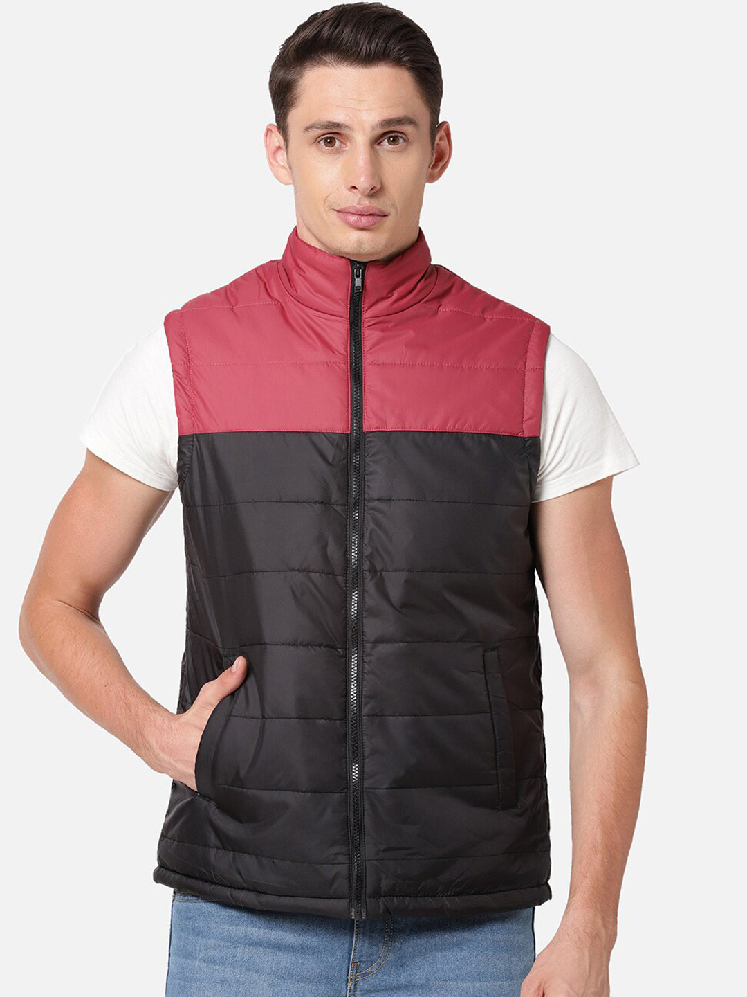 R&B Men Maroon Black Colourblocked Padded Jacket