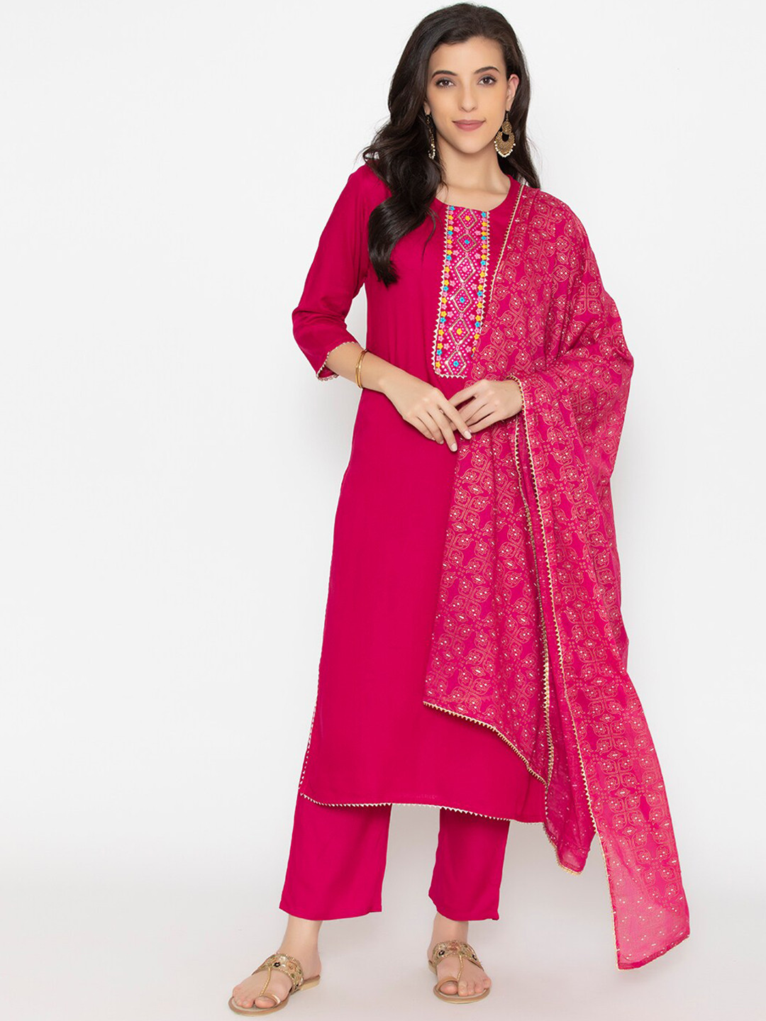 SAABHI Women Pink Ethnic Motifs Embroidered Thread Work Kurta with Trousers & With Dupatta