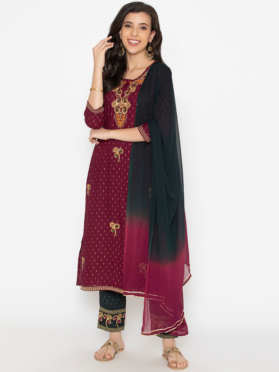 SAABHI Women Maroon Ethnic Motifs Printed Layered Kurta with Palazzos & With Dupatta
