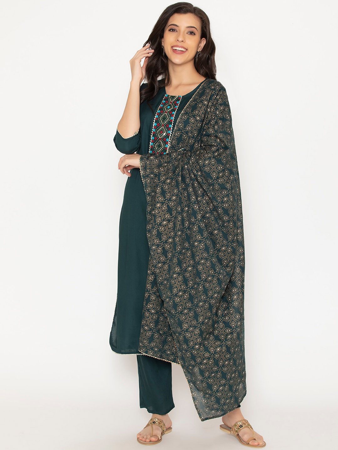 SAABHI Women Green Printed Kurta with Trousers