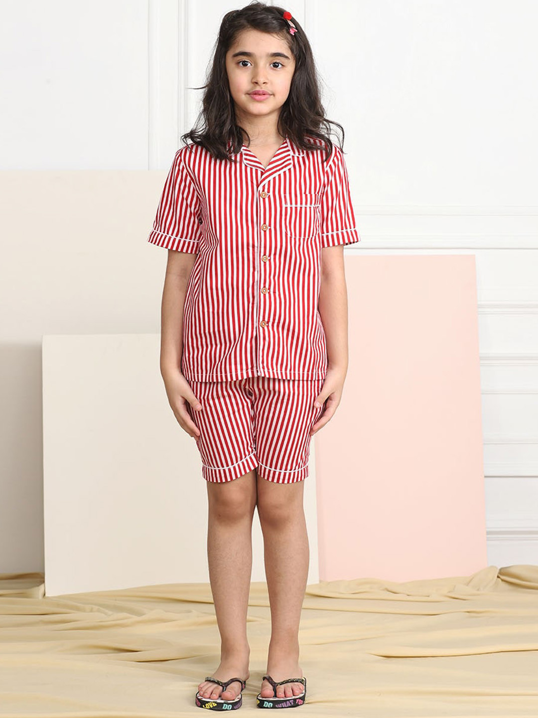 Biglilpeople Unisex Kids Red & White Striped Pure Cotton Night suit