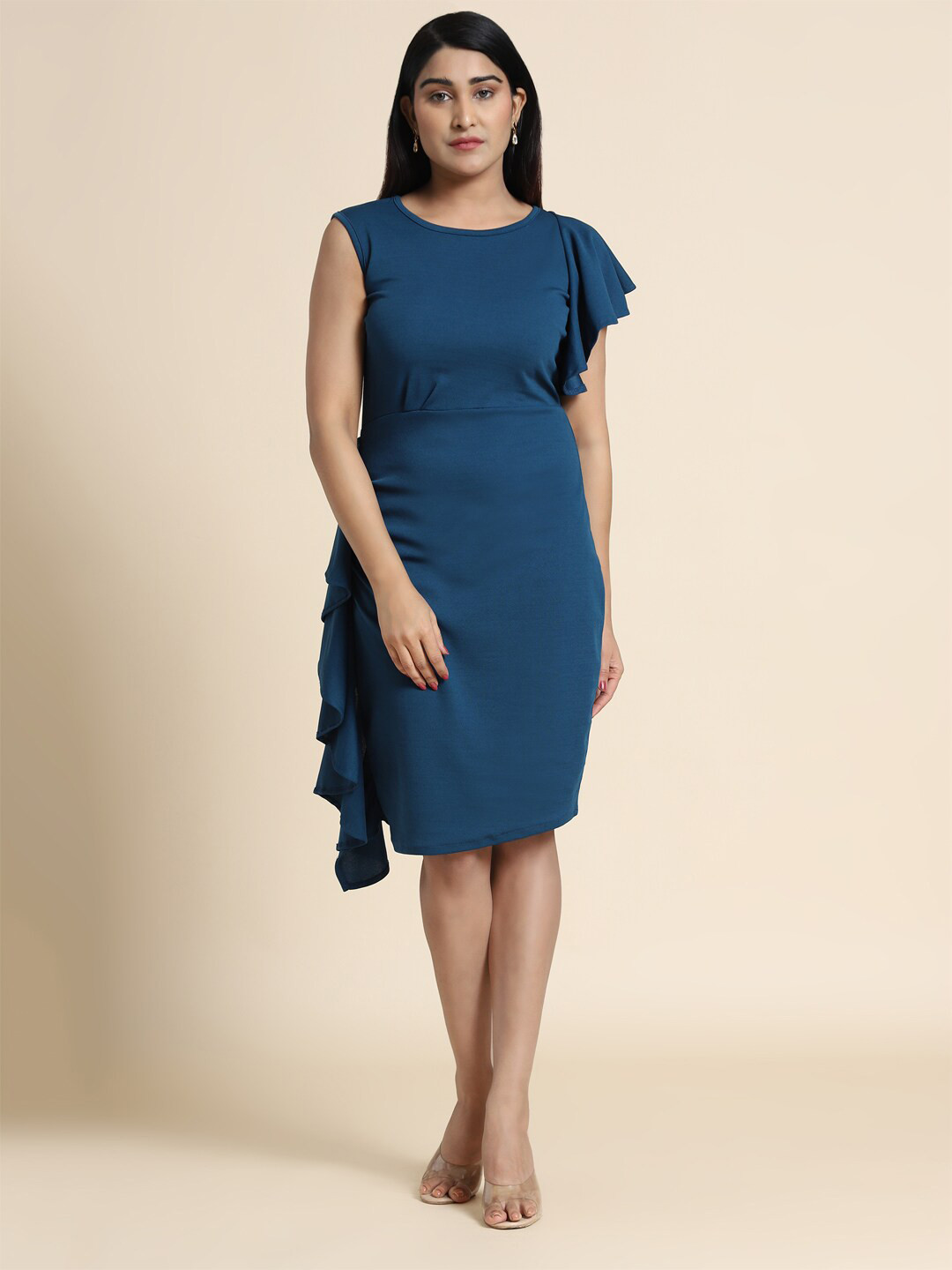 KALINI Teal Legion Blue Sheath Dress With Ruffled Detail