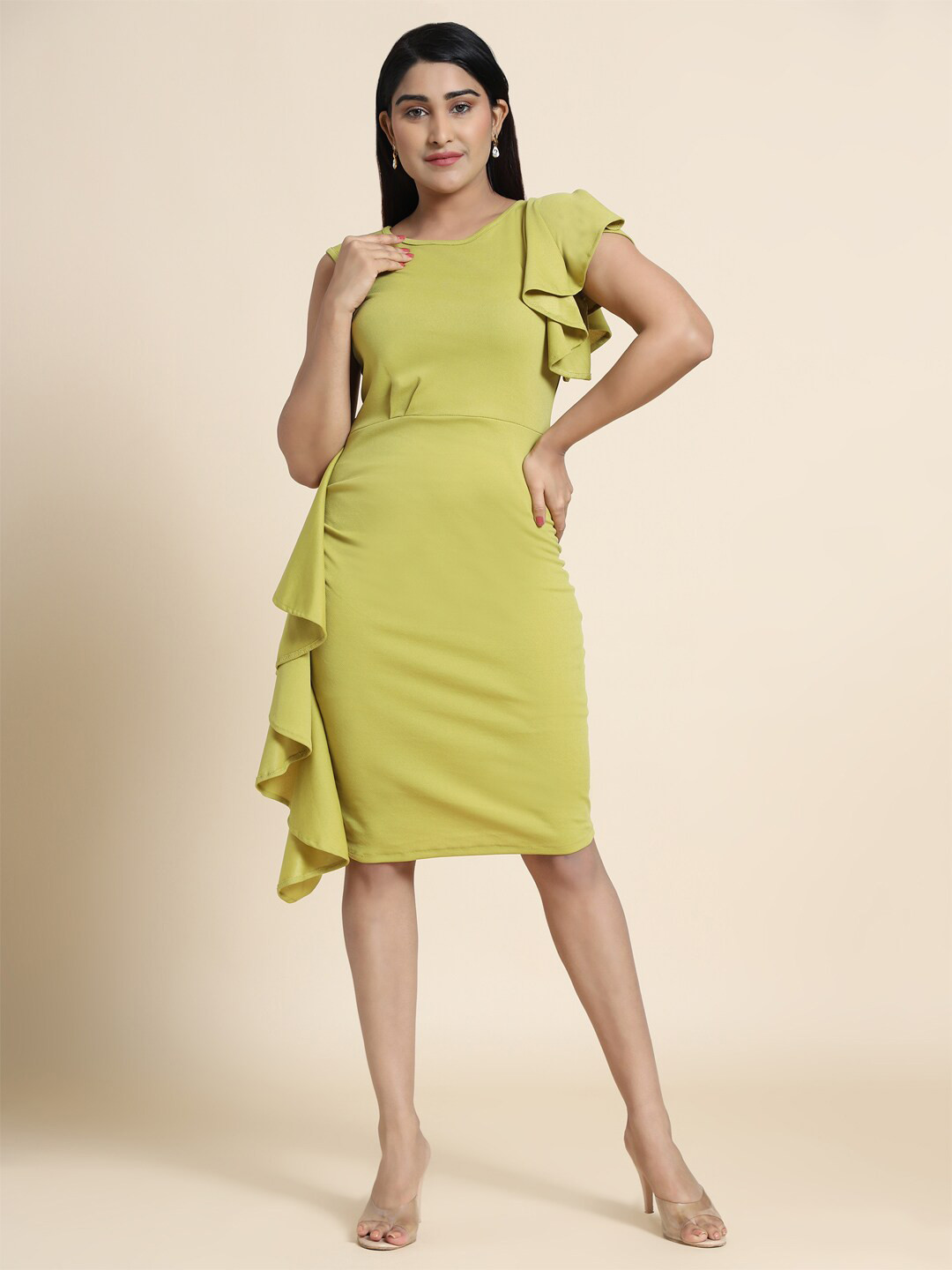 KALINI Women Pista Green Sheath Dress With Ruffle Detail