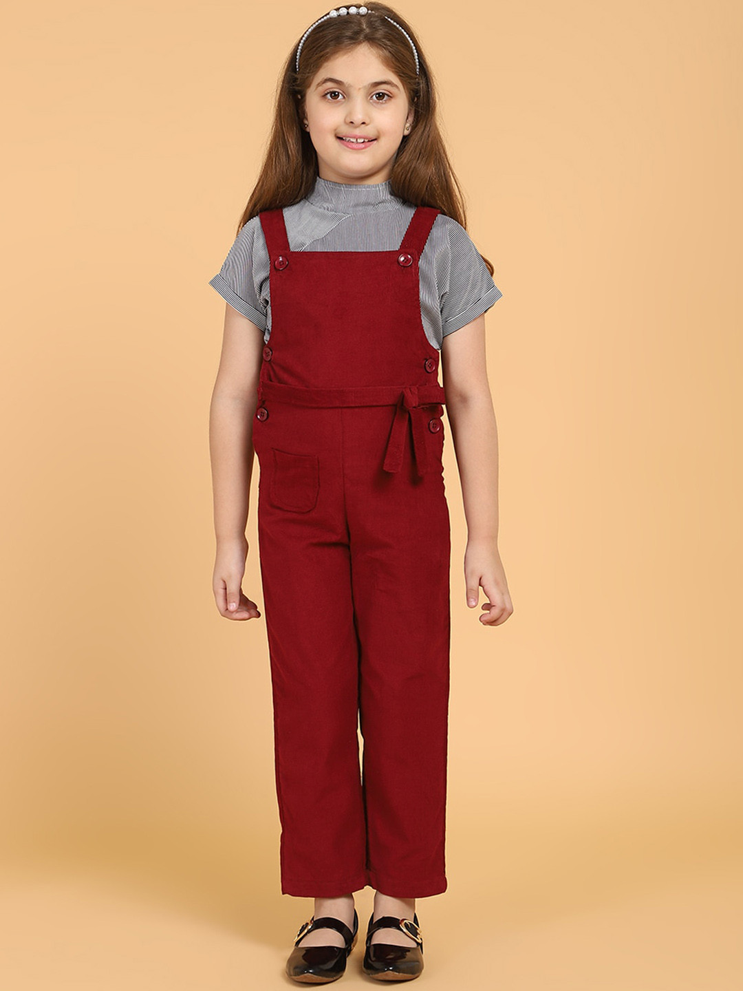 PICCOLO Girls Maroon & Black Dungarees with T-Shirt