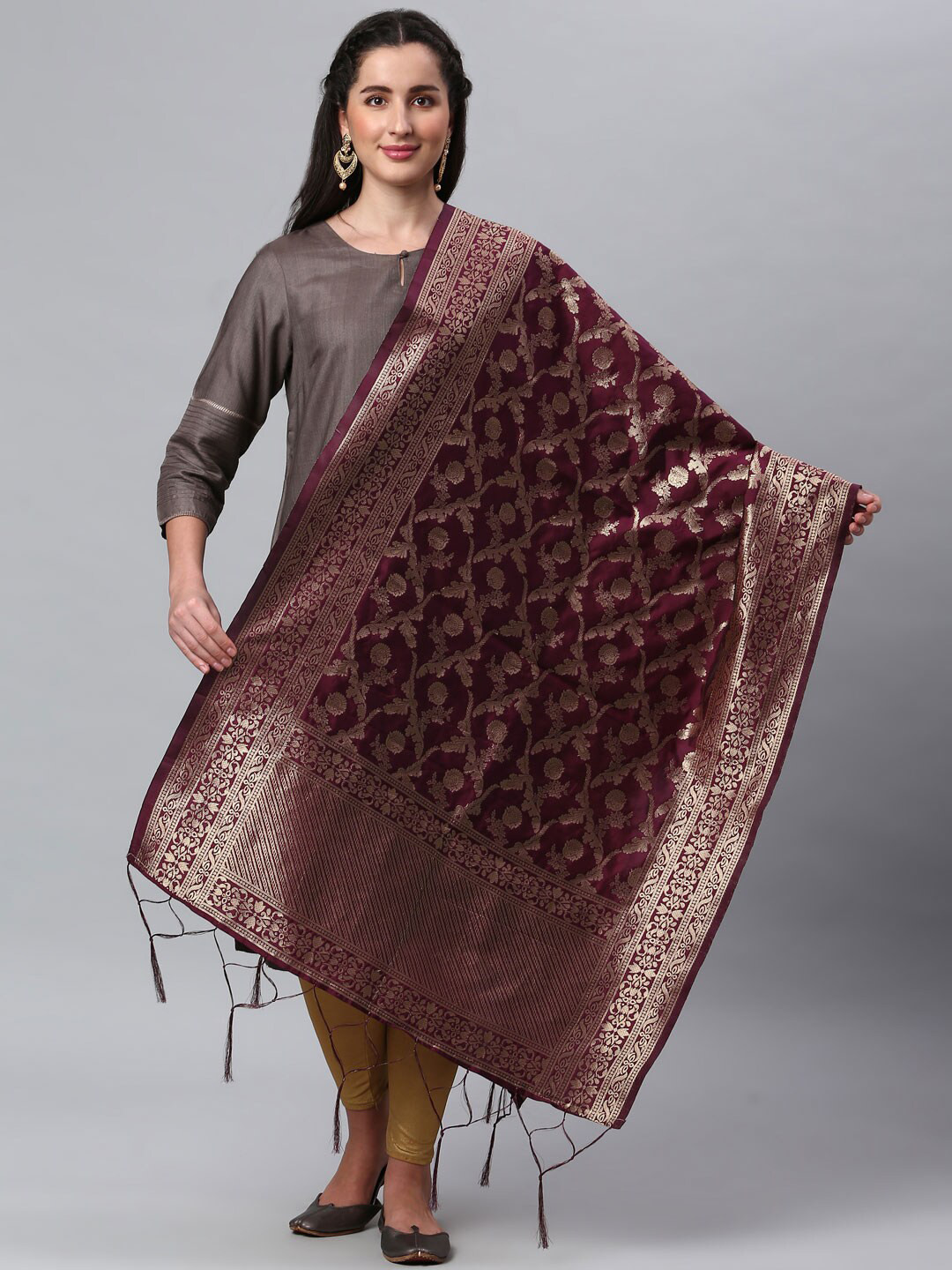 Lilots Purple & Gold-Toned Ethnic Motifs Woven Design Dupatta