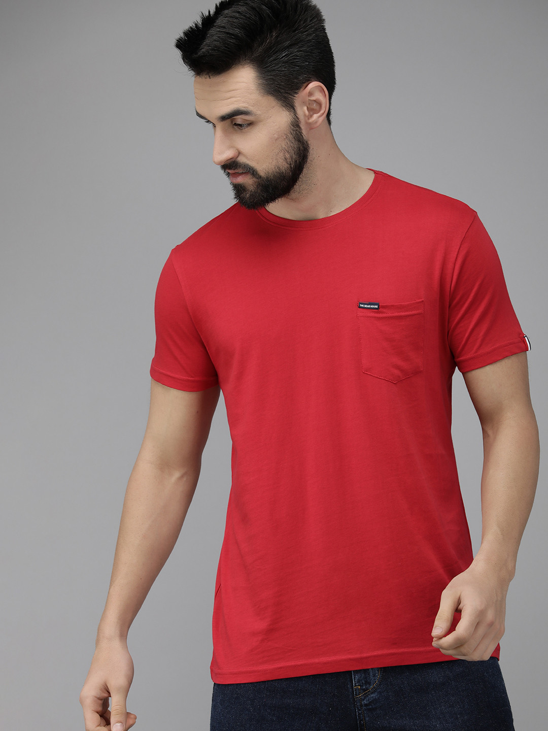 THE BEAR HOUSE Men Red Pure Cotton Solid Slim Fit T-shirt