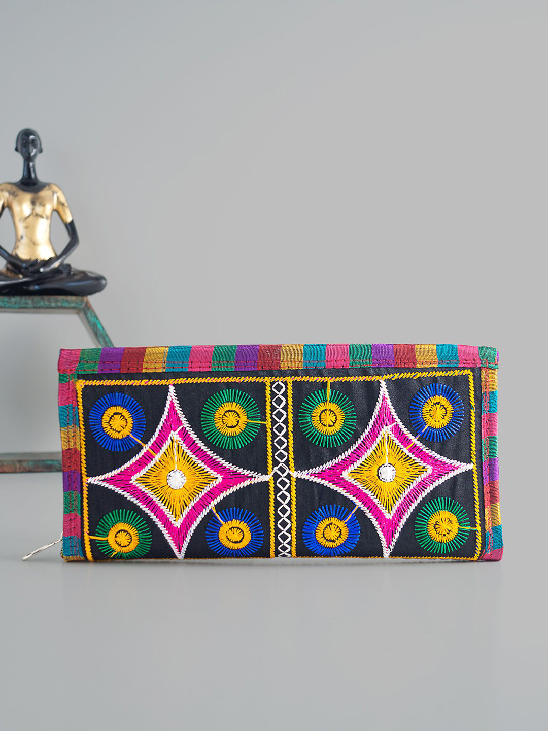 Golden Peacock Women Black & Blue Ethnic Motifs Zip Around Wallet