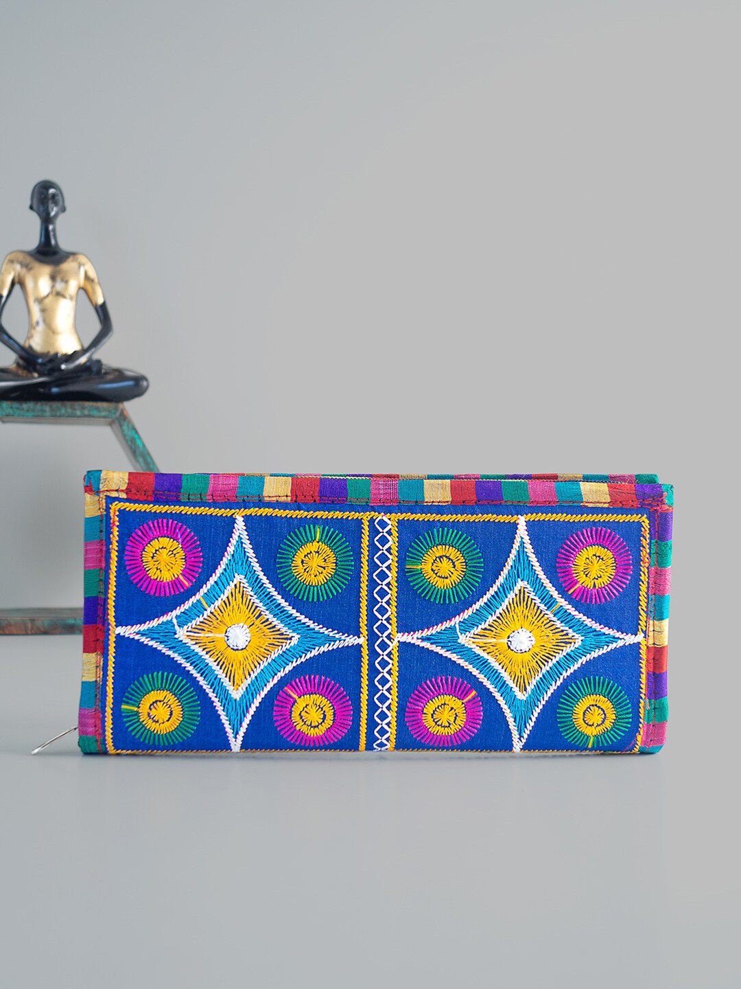 Golden Peacock Women Blue & Yellow Ethnic Motifs Zip Detail Zip Around Wallet
