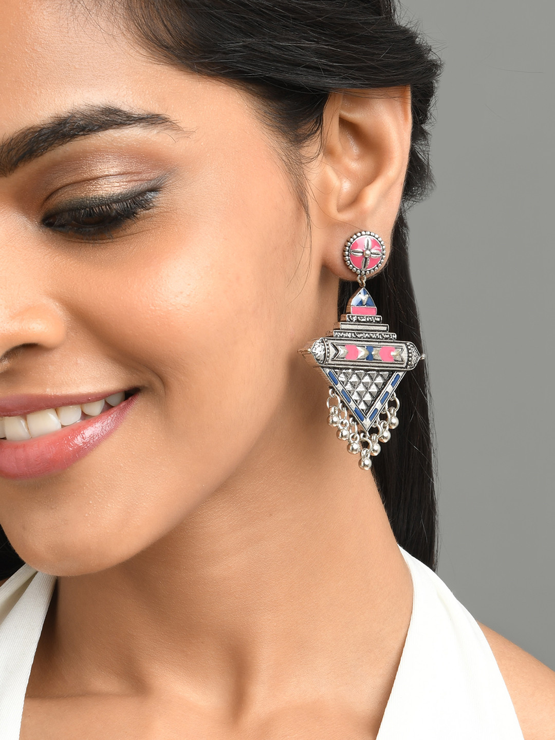 Fida Silver-Toned Meenakari Metal Beaded Drop Earring