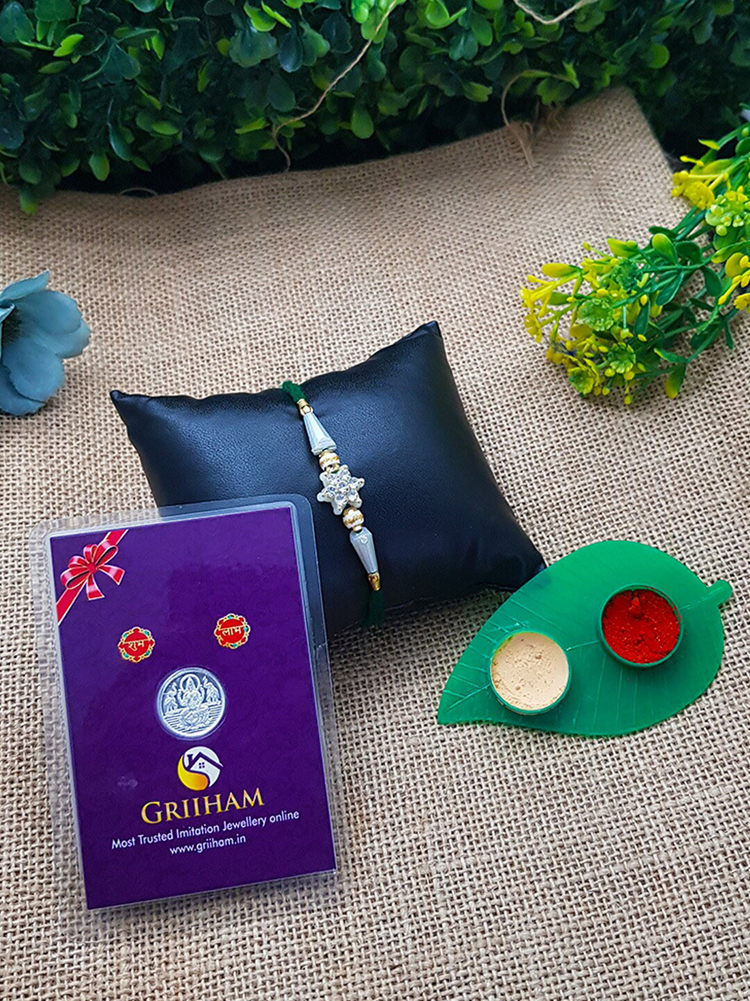 GRIIHAM Rakhi with 1gm 999 Purity Silver Coin & Haldi Kumkum Box
