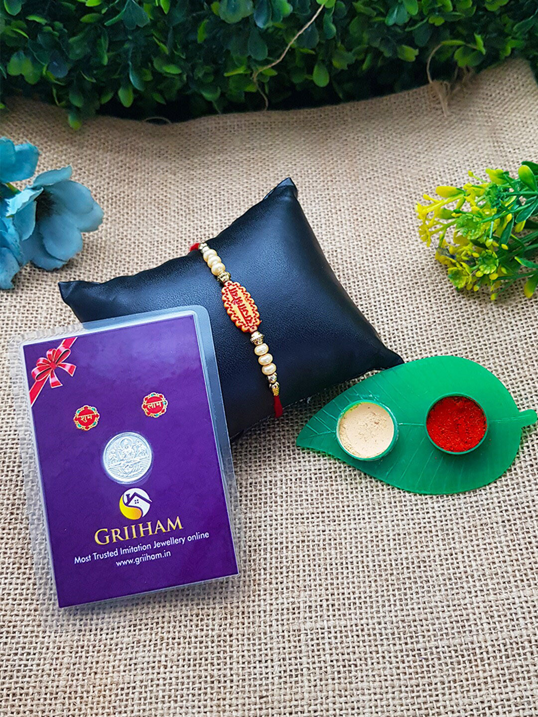 GRIIHAM Rakhi Combo with Rakhi, 1gm 999 Purity Silver Coin and Haldi Kumkum Box