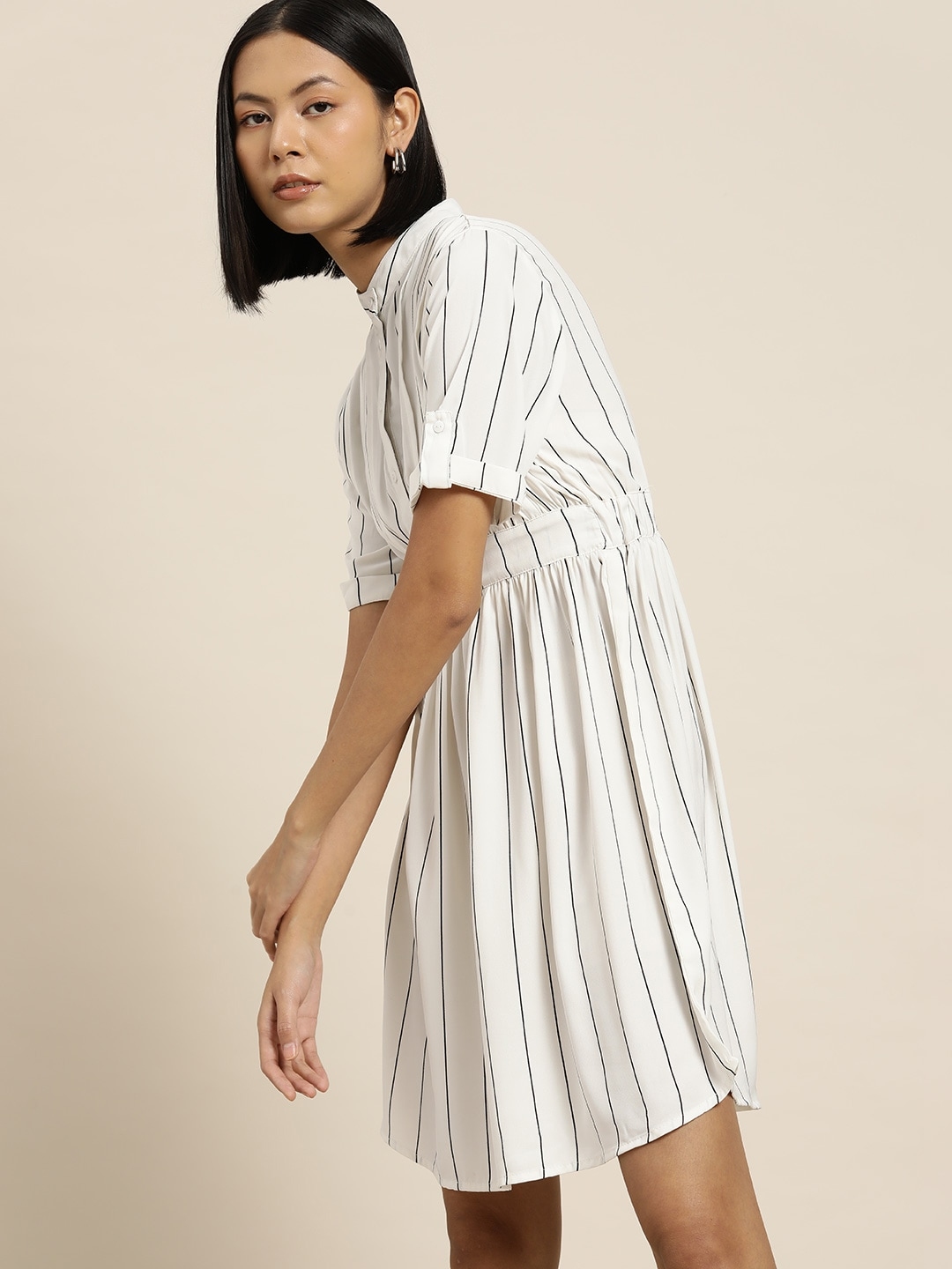 her by invictus Striped Gathered Detail A-Line Dress with Elasticated Waist