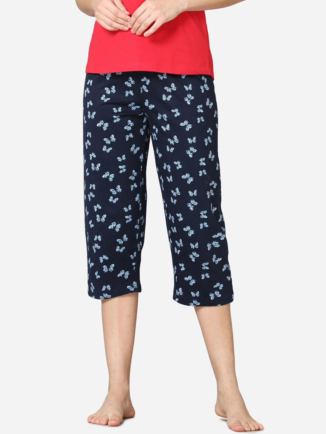 VStar Women Navy Blue Printed Cotton Capri Lounge Pants