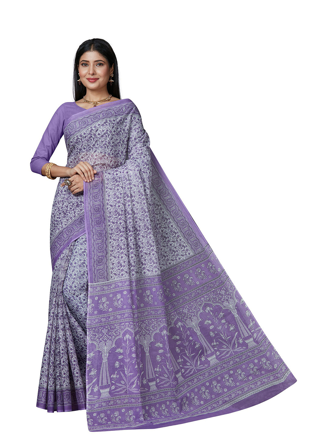 SHANVIKA Lavender & White Floral Pure Cotton Block Printed Saree