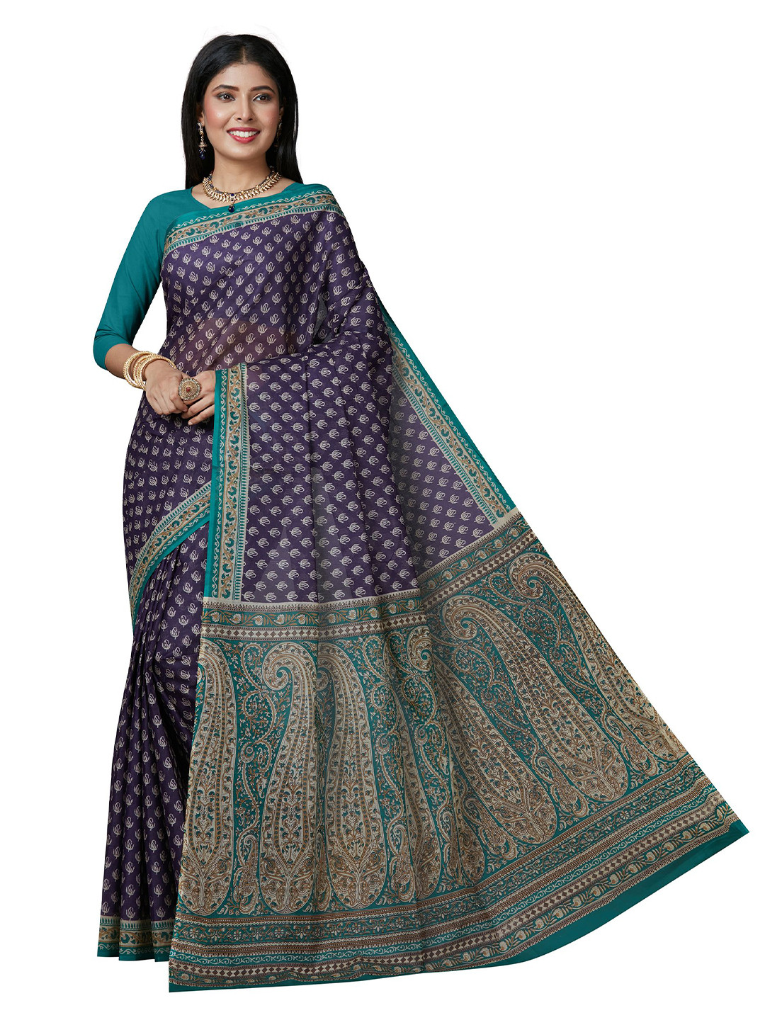 SHANVIKA Purple & Teal Ethnic Motifs Pure Cotton  Block Print Saree