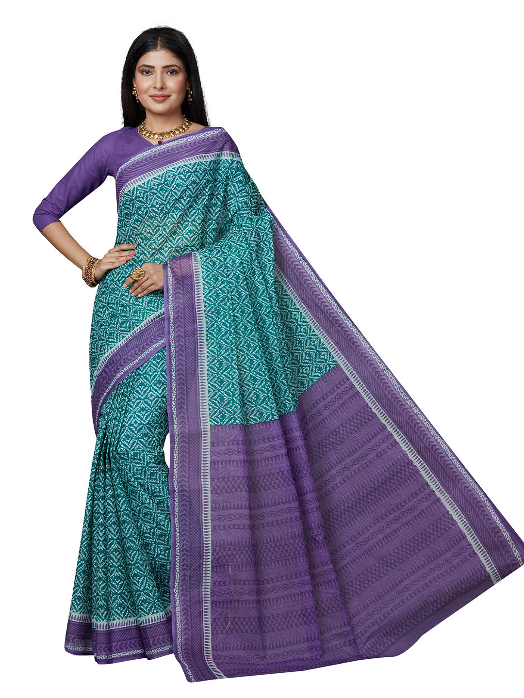 SHANVIKA Turquoise Blue & Purple Printed Pure Cotton  Block Print Saree