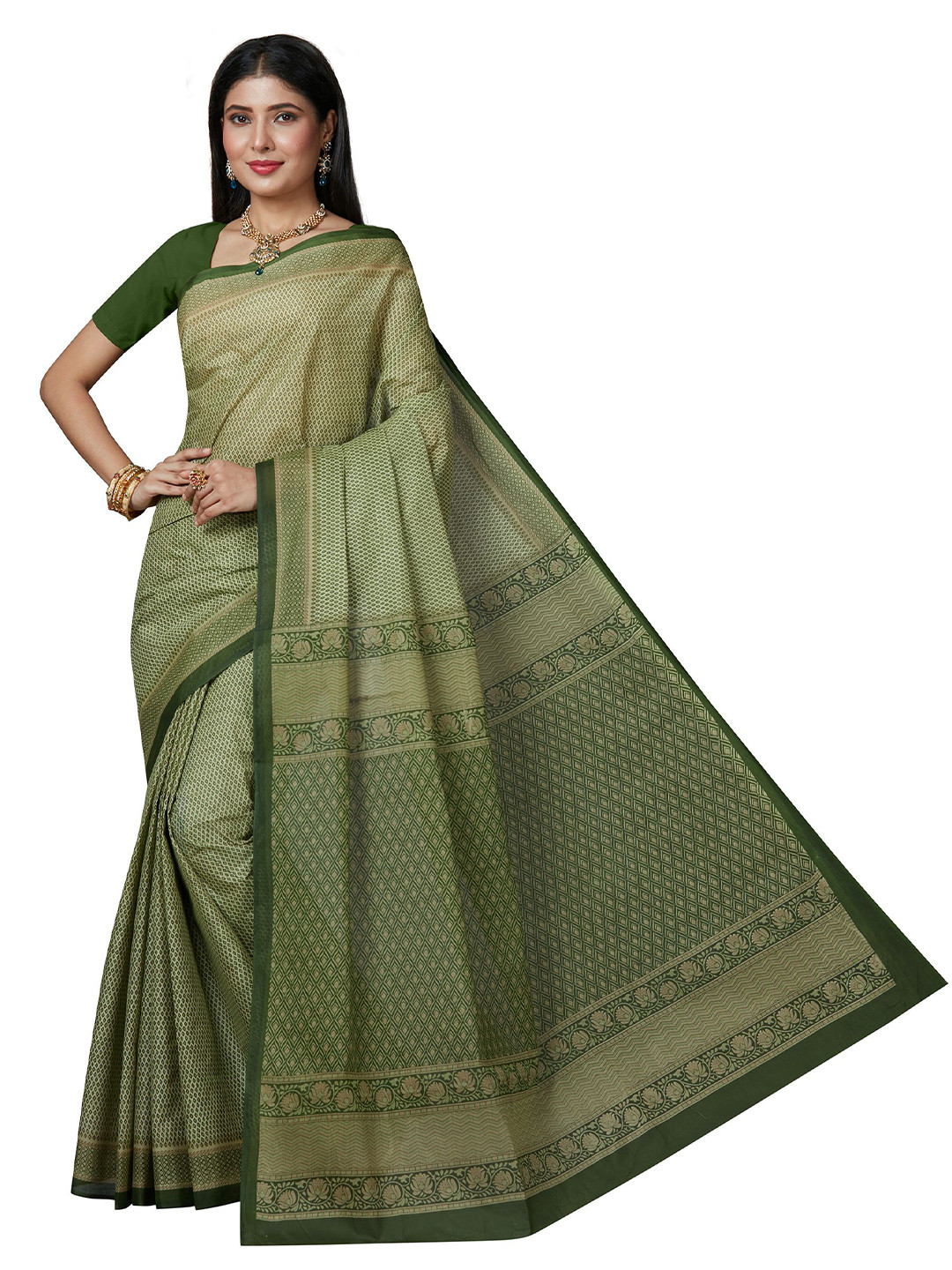 SHANVIKA Beige & Green Pure Cotton Block Print Saree