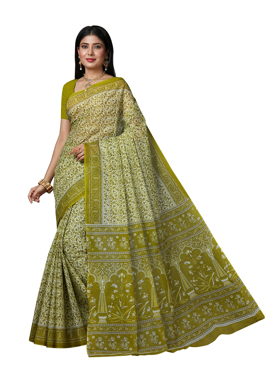 SHANVIKA Lime Green & White Floral Pure Cotton Block Print Saree