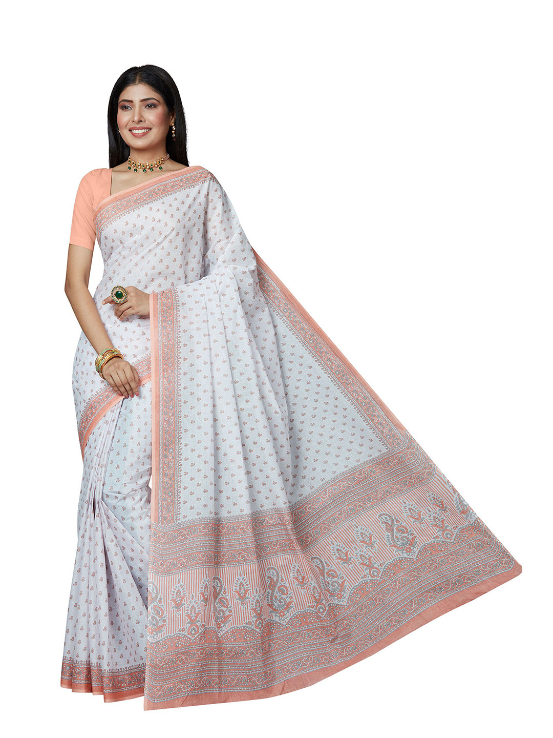 SHANVIKA White & Coral Ethnic Motifs Pure Cotton  Block Print Saree