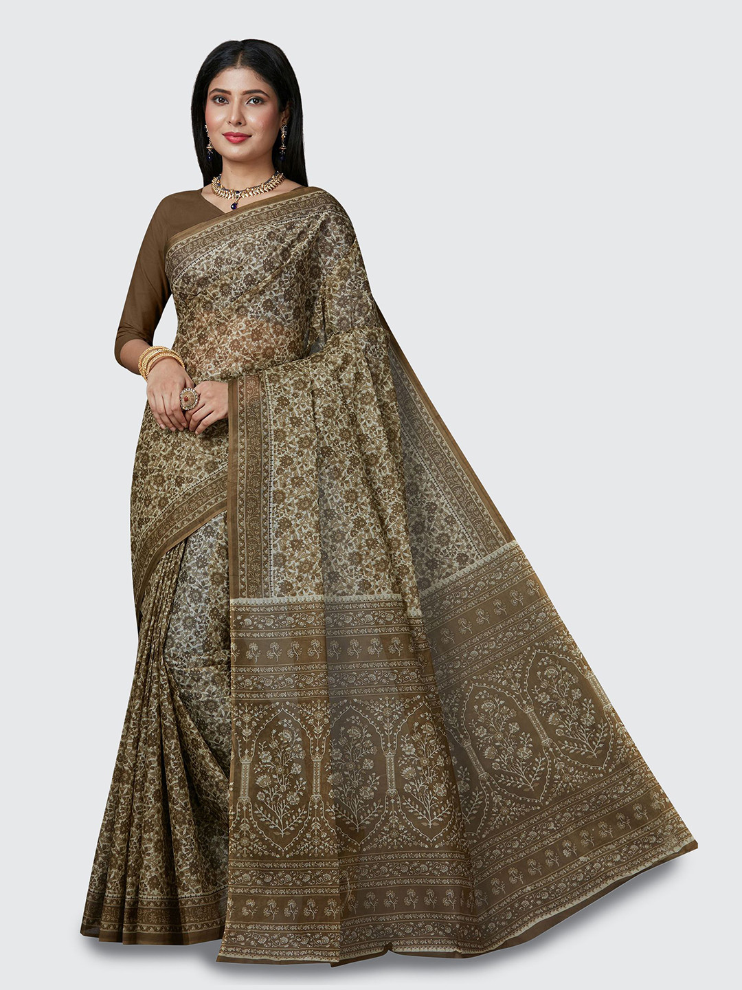 SHANVIKA Brown & Cream-Coloured Floral Pure Cotton Block Print Saree