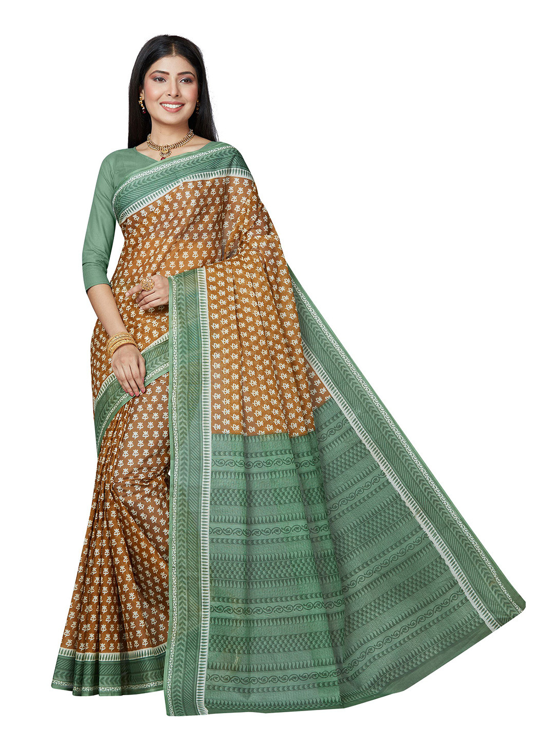 SHANVIKA Mustard Yellow & Green Ethnic Motifs Pure Cotton Block Print Saree
