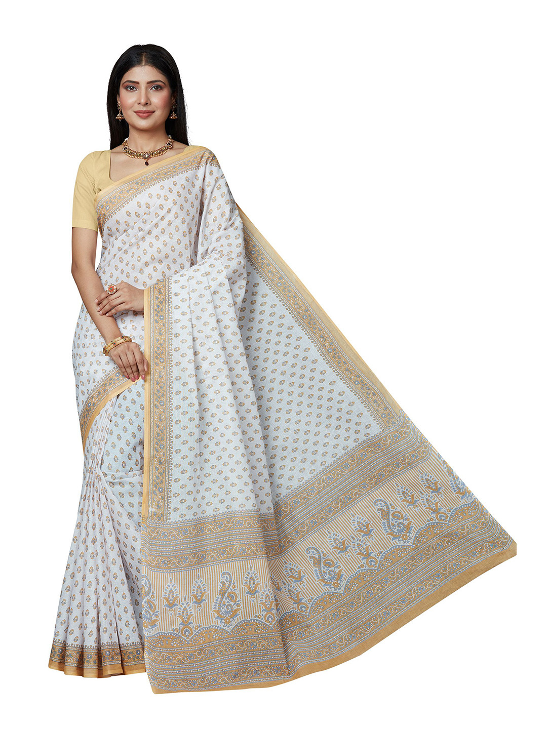 SHANVIKA White & Yellow Ethnic Motifs Pure Cotton  Block Print Saree